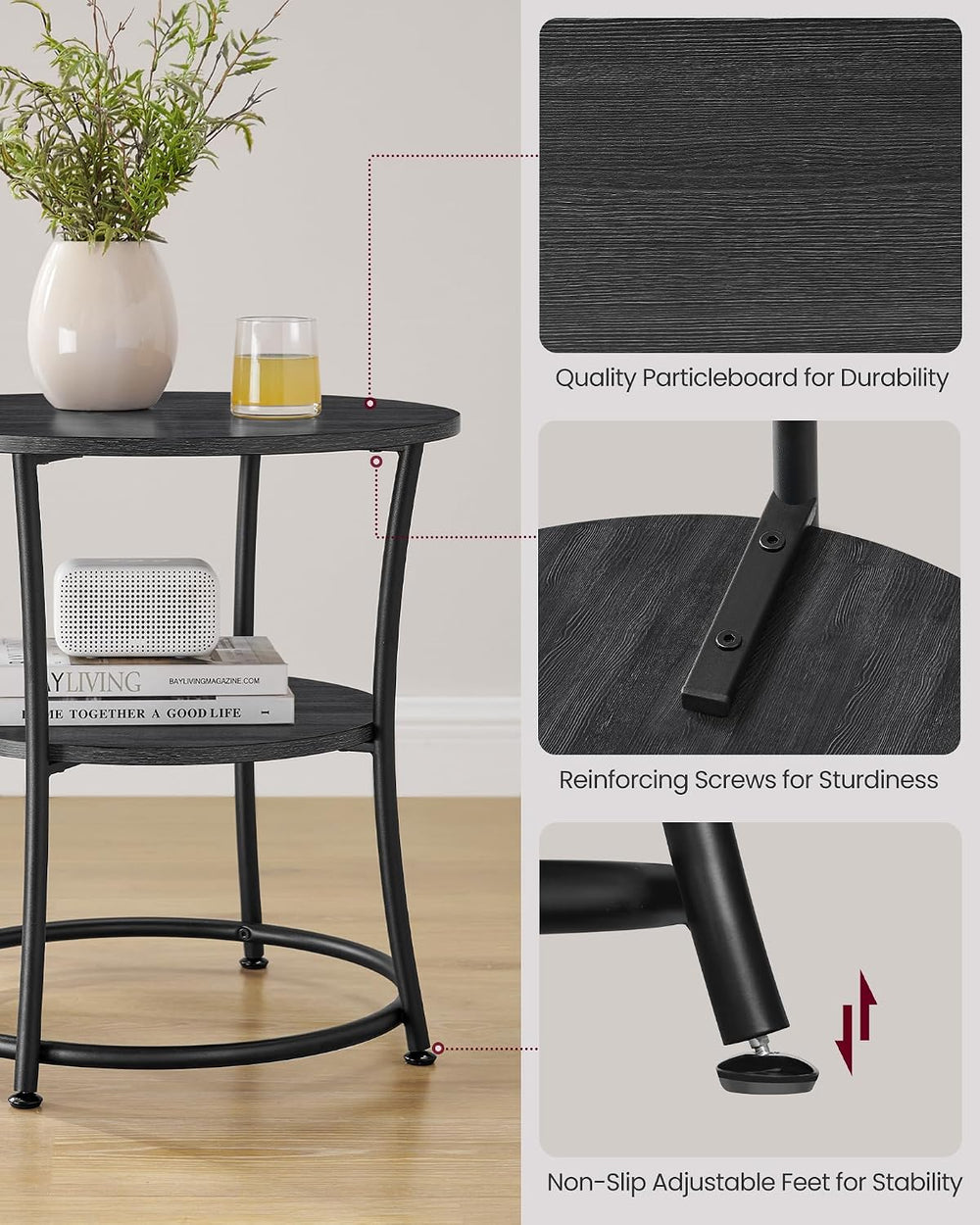 VASAGLE Side Table, 2-Tier Round End Table with 2 Storage Shelves