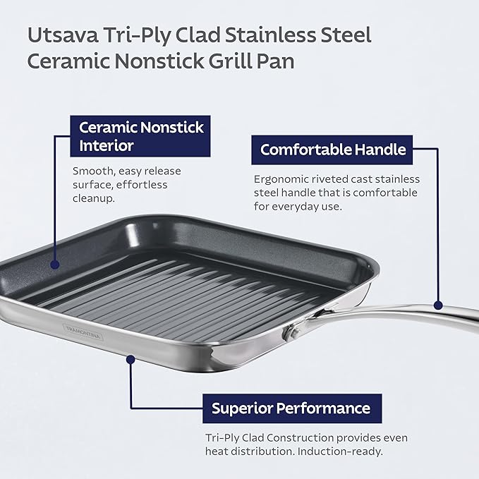 Tramontina Utsava Tri-Ply Clad Stainless Steel 10-Inch Square Grill Pan