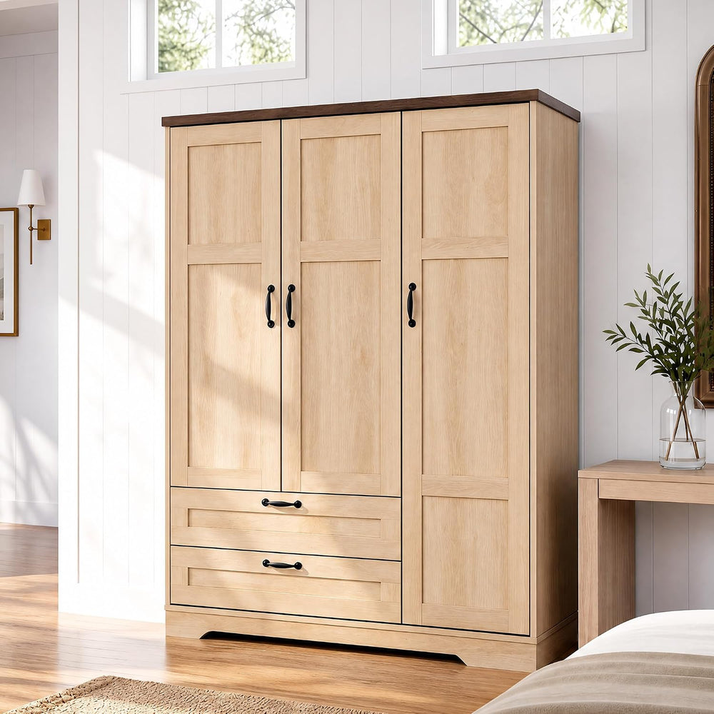 62" Wooden Armoire Wardrobe Closet with 3 Doors & 2 Drawers, Mirror