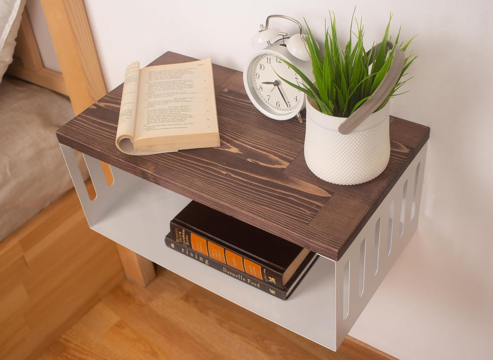 Floating Nightstand with White Metal Base, Wooden Top and Sturdy Metal Base, ...