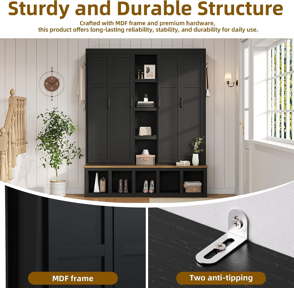 Modern 63'' Wide Hall Tree with 6 Hidden Hanging Hooks, Brown Wood Gr...