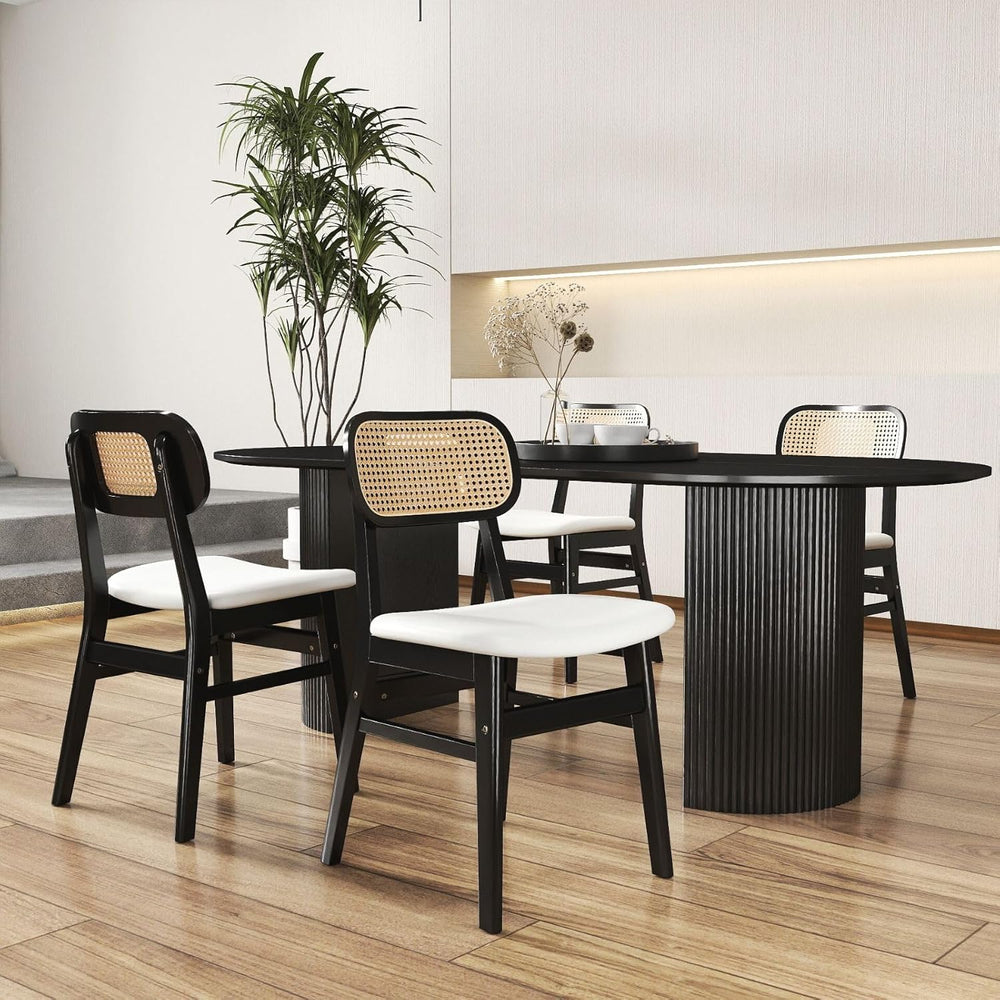 Rattan Dining Chairs Set of 4 Black Wooden Dining Room Chairs White Faux Leat...