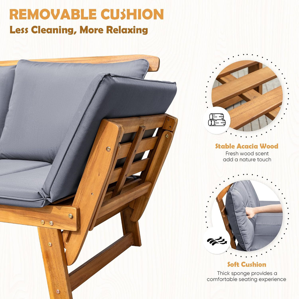 Greesum Patio Convertible Couch Sofa Bed with Adjustable Armrest, Acacia Wood...