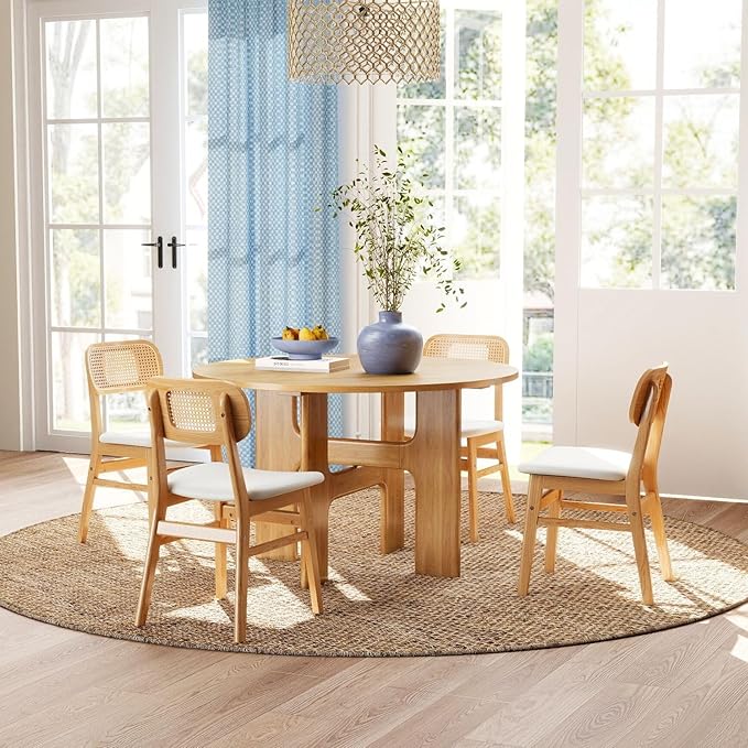 Rattan Dining Chairs Set of 4 White Faux Leather Dining Room Chairs Natural W...