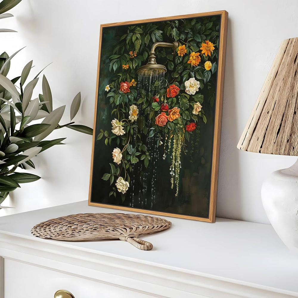 Floating Framed Floral Shower Wall Art, Vintage Botanical Flower Canvas Print...