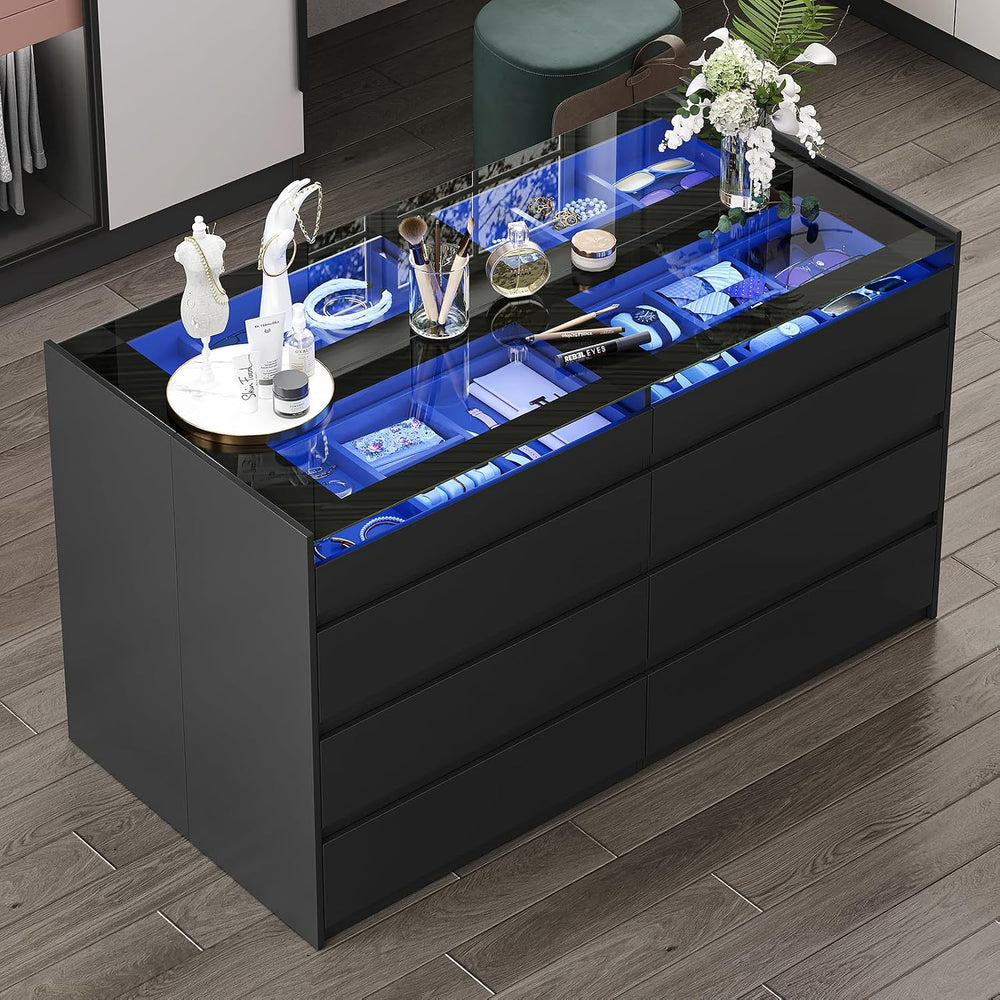 LIVAUVEAD 16 Drawer Closet Island with Glass Top & LED Light, Black