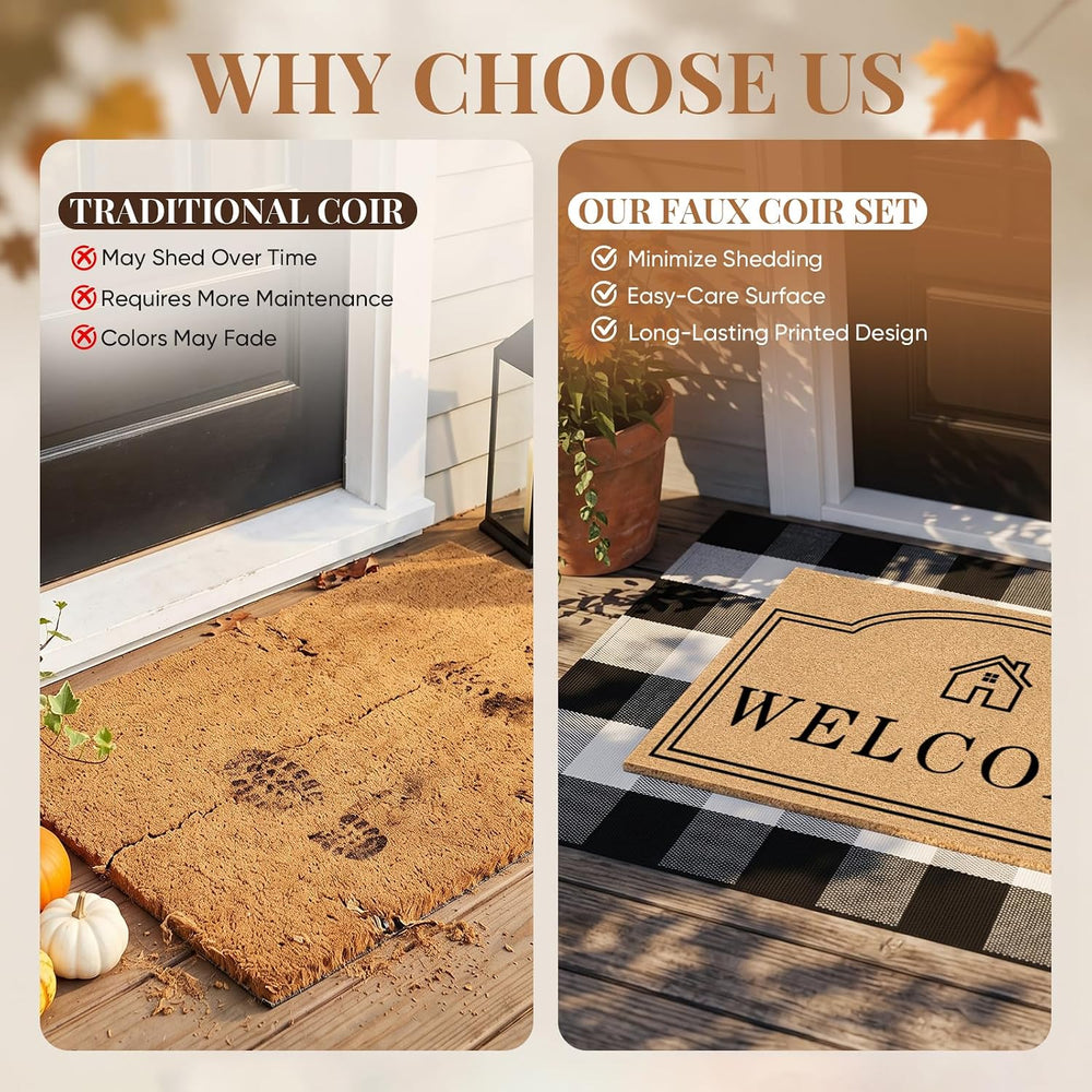 2 Pcs Layered Coir Front DoorMat Set, 0.6" Extra Thick & Non Slip Ba...
