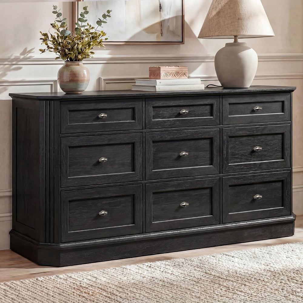 Farmhouse 9 Drawers Black Dresser for Bedroom, 63.07" Wide Chest of Draw...