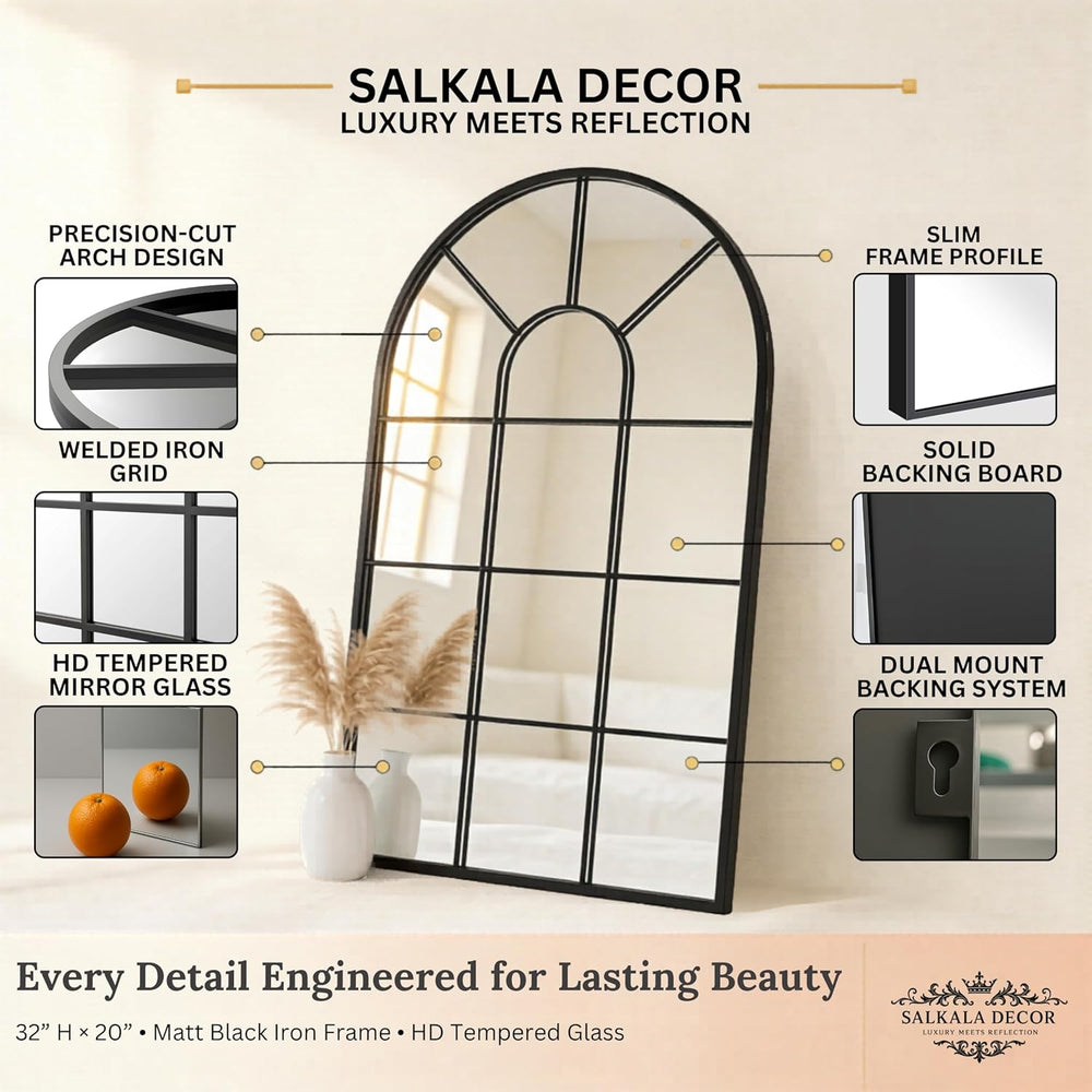 Black Arched Window Mirror | Farmhouse Decorative Wall Mirrors for Living Roo...