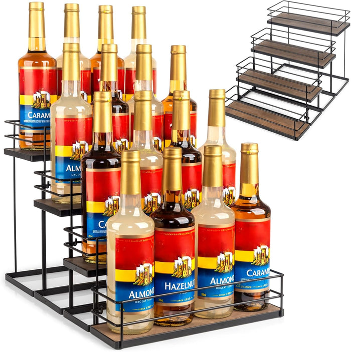 kimilus 16 Bottle Capacity Coffee Syrup Organizer 4 Tier Coffee Syrup Stand Shelf for Coffee Bar Kitchen Small Wine Rack for Bar Family Storage for Syrup Wine Dressing