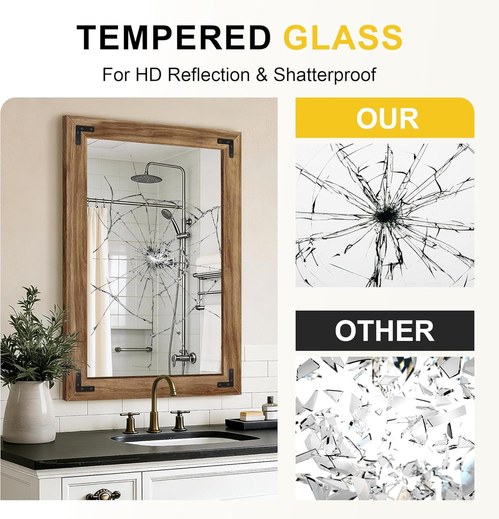 Wood Bathroom Mirror, 26"x38" Farmhouse Mirror for Wall