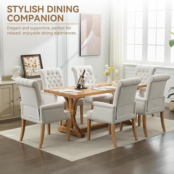 Fabric Dining Chair with Arms, Upholstered Tufted High Back Dining Room Chair...