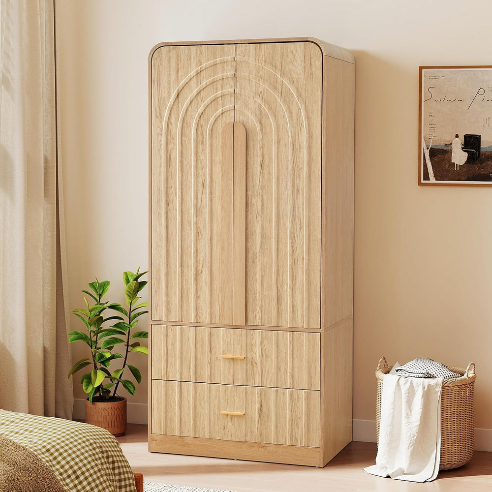 ORRD Freestanding Armoire Wardrobe Closet with Arched Fluted 2 Doors and 2 St...
