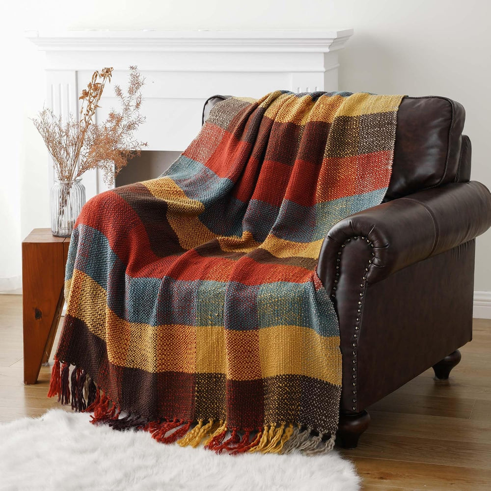 Fall Plaid Throw Blanket for Couch, Rustic Knit Throw Blanket 50"x60"