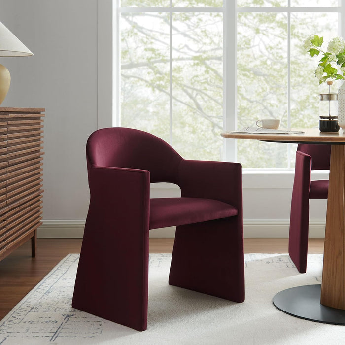 Modway Talia Performance Velvet Dining Armchair in Mulberry - Modern Curved Dining Chair with Open-Back - Stain-Resistant Velvet Barrel Chair - Living Room Accent Chair with Arms