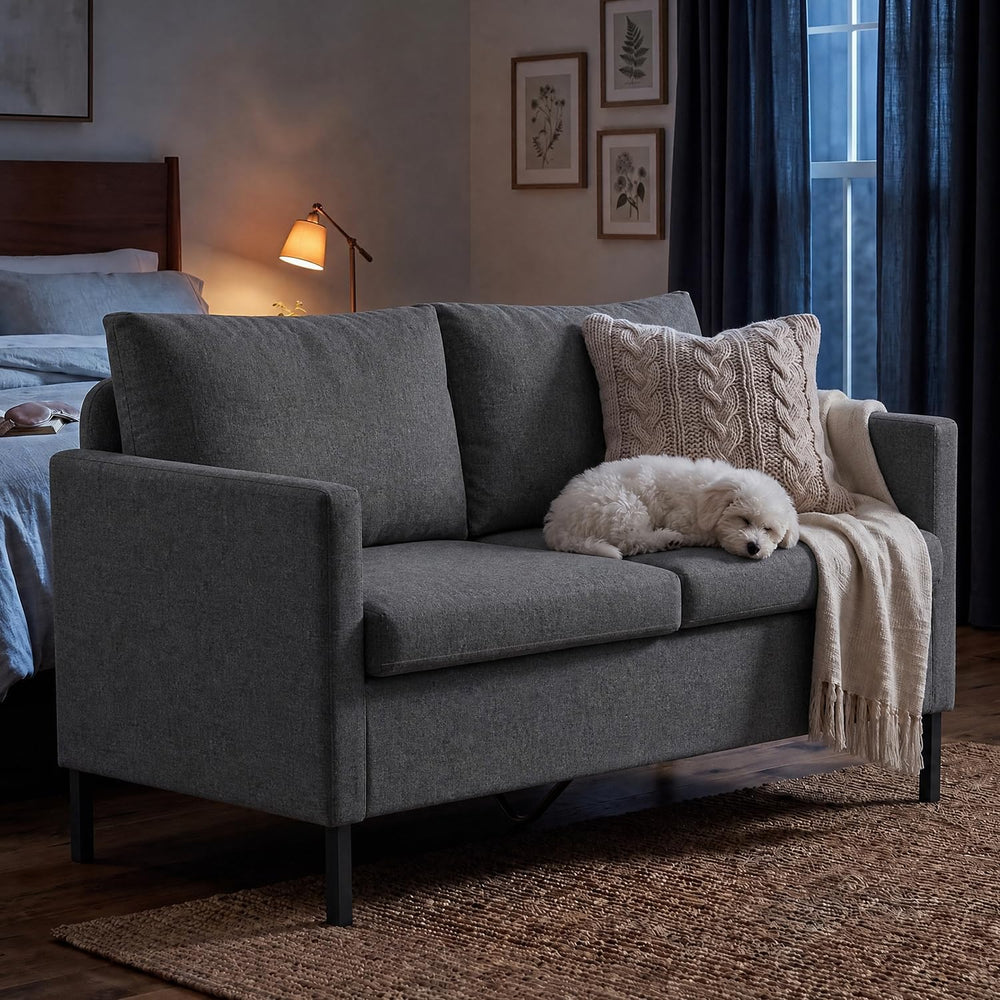 51'' Dark Grey Small Couch Loveseat, 2-Seater Linen Sofa