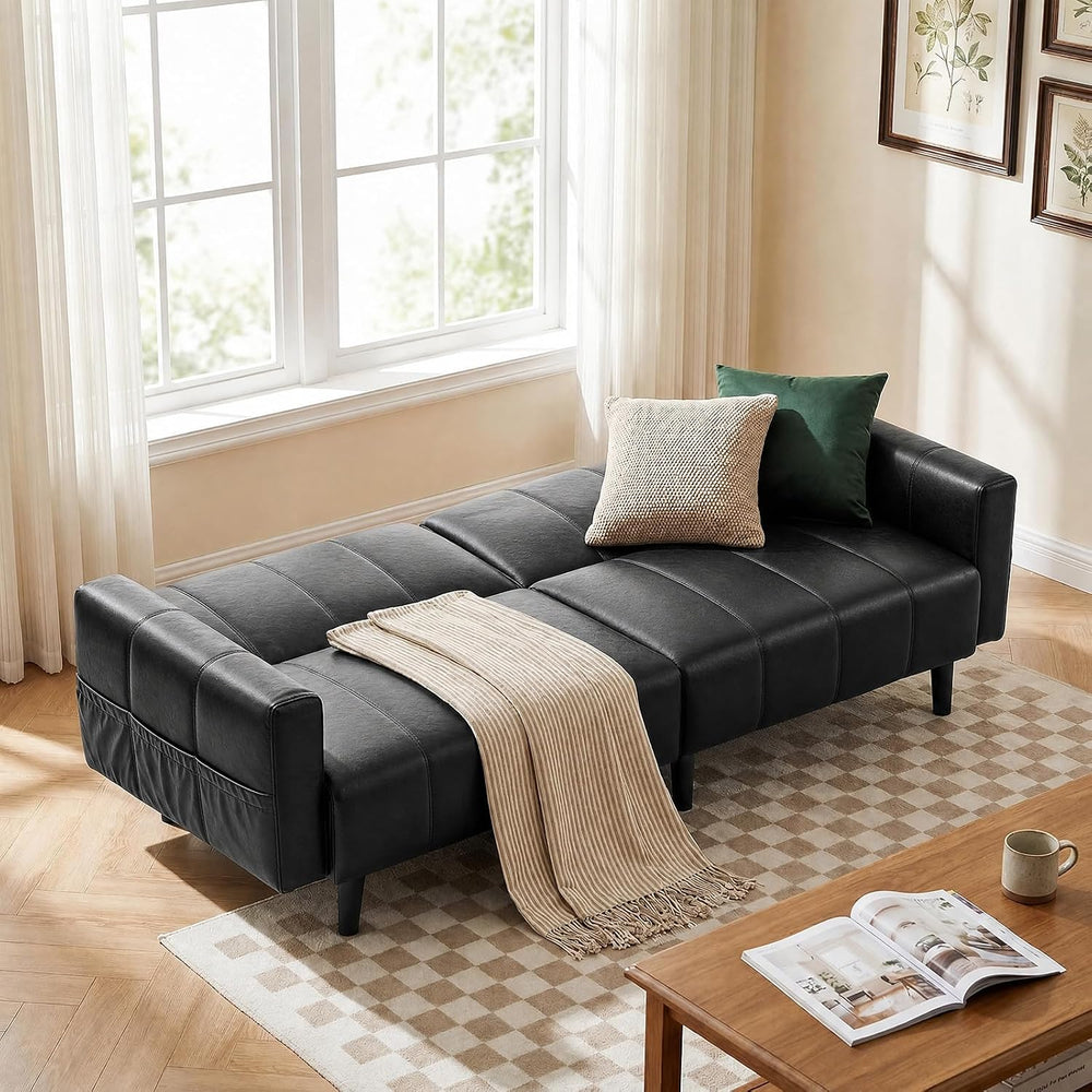 77" Mid Century Modern Faux Leather Couch, Black Leather Sofa Bed