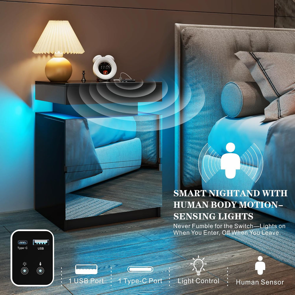 LED Mirrored Nightstand with Charging Station, Bedside Table, Black