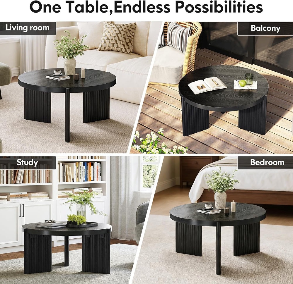 Luoxiao Round Coffee Table, 27.5" Fluted Coffee Tables for Living Room