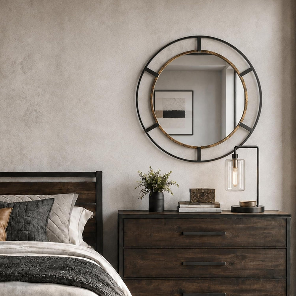 30 Inch Round Wall Mirror, Black & Antique Gold, Bathroom, Entryway