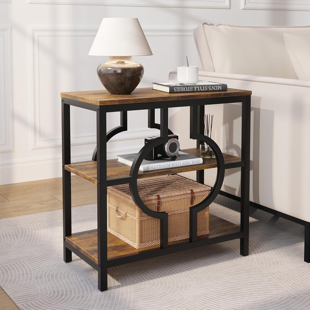 End Table, Narrow Side Table with 3-Tier Storage Shelves, Wood Sofa Side Tabl...