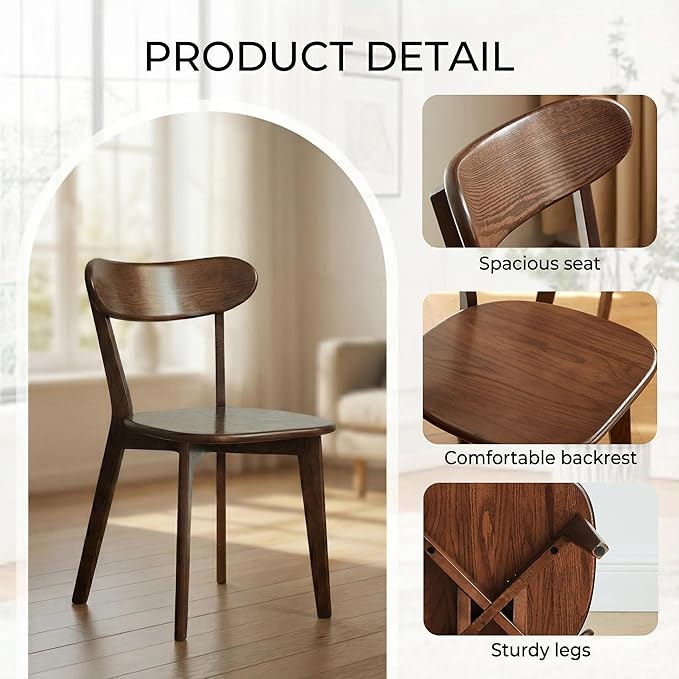 100% Solid Wood Dining Chairs,Mid Century Modern Dining Chairs with Rounded B...