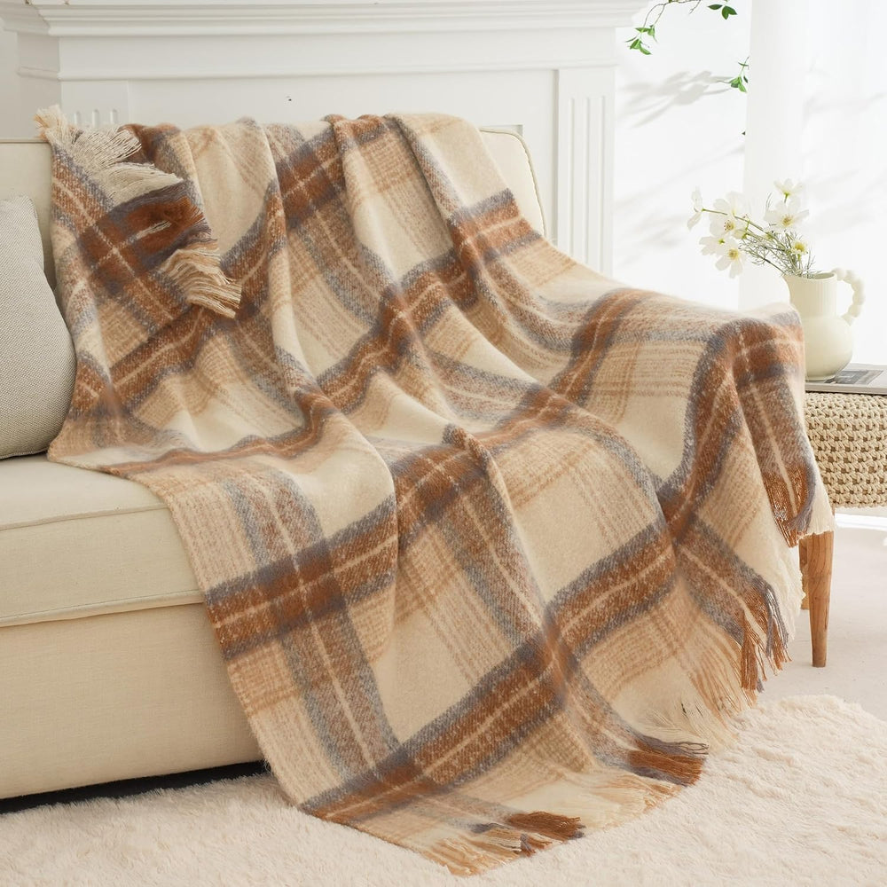 Battilo Beige Plaid Throw Blanket for Couch, Mohair Tartan Blanket 50"x6...