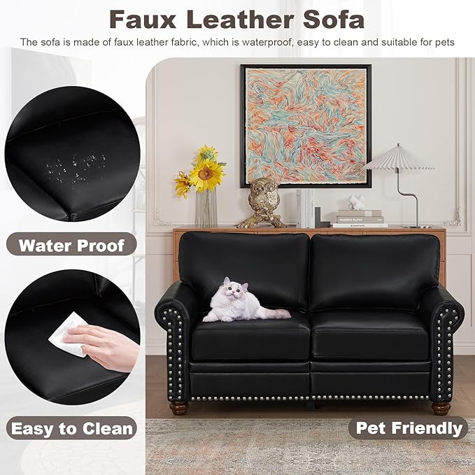 Faux Leather Loveseat Sofa, 59" W Mid Century Modern Couch with Storage,...