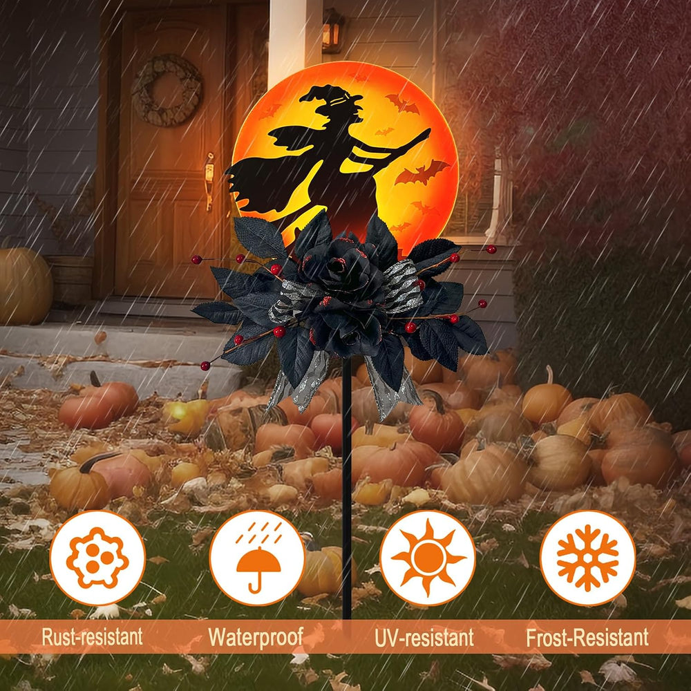 Solar Witch Scene Garden Stake Lights, Spooky Outdoor Yard Sign for Halloween...