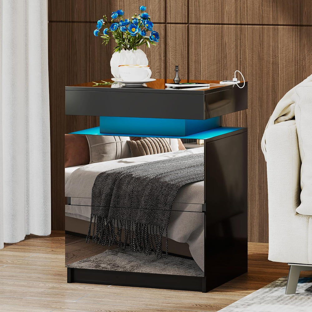 LED Mirrored Nightstand with Charging Station, Bedside Table, Black
