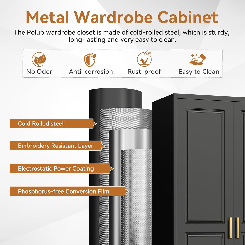 Polup 71" Black Metal Armoire Wardrobe Closet with Doors and 1 Drawer
