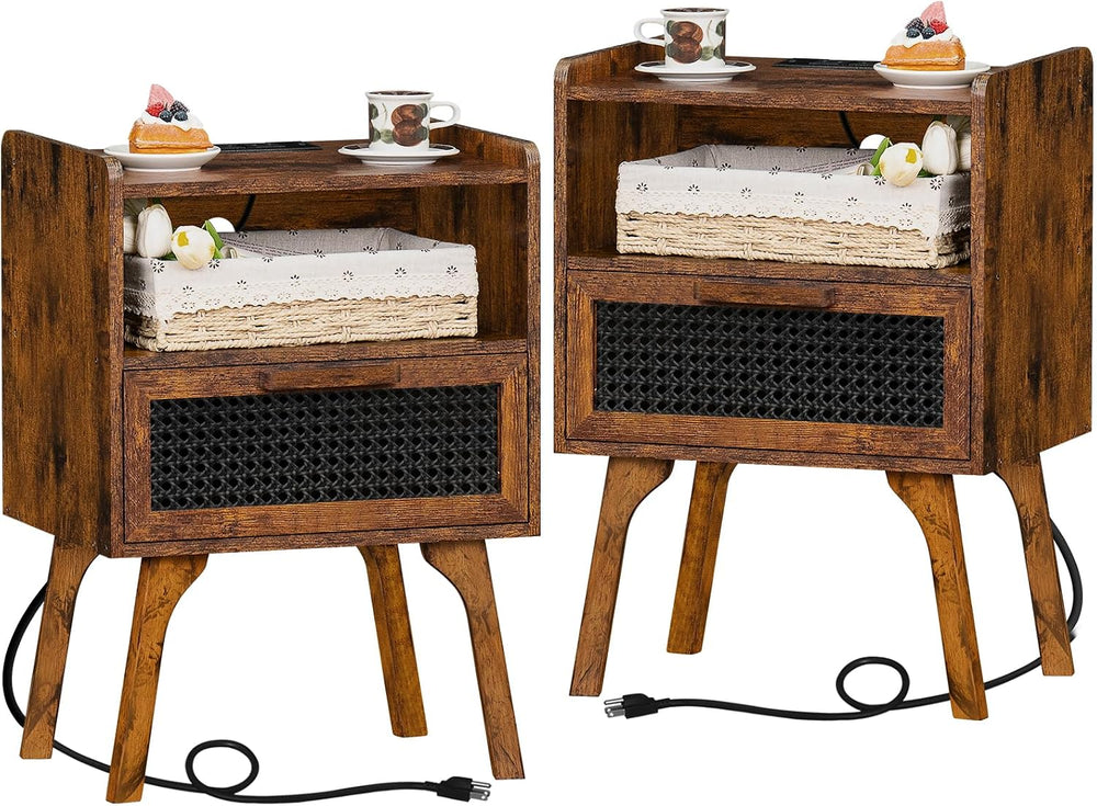 Lerliuo Rattan Nightstands Set of 2 with Charging Station, Boho Side Table wi...