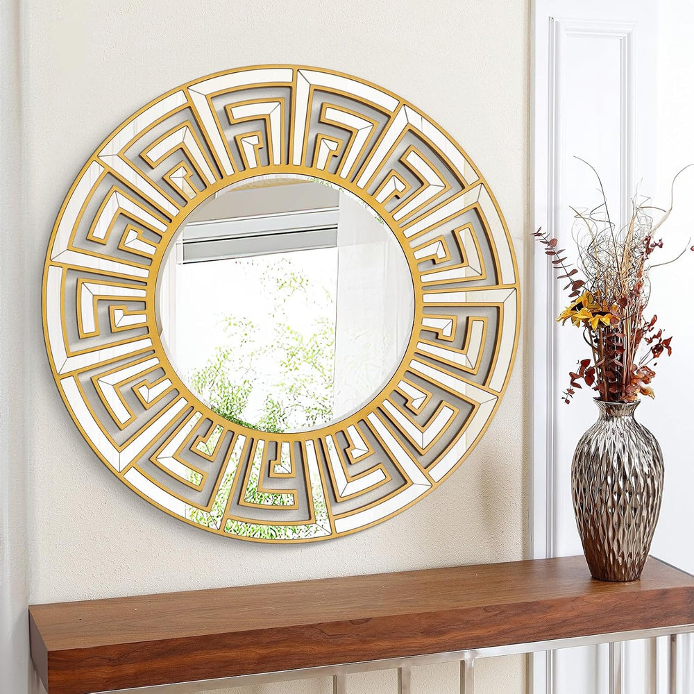 31.5"x31.5" Gold Round Mirror with Decorative Geometric Pattern, Ac...