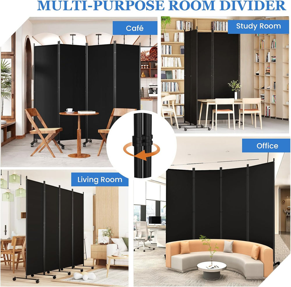 SUNALLY Room Divider Privacy Screens, 4 Panels Dividers with Wheels, Black
