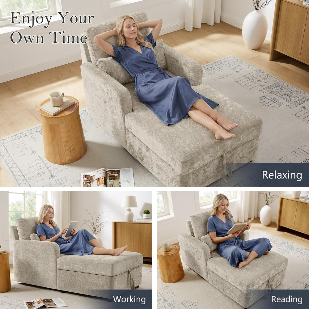 63.8" Oversized Chaise Lounge Chair with Storage, Chenille Camel