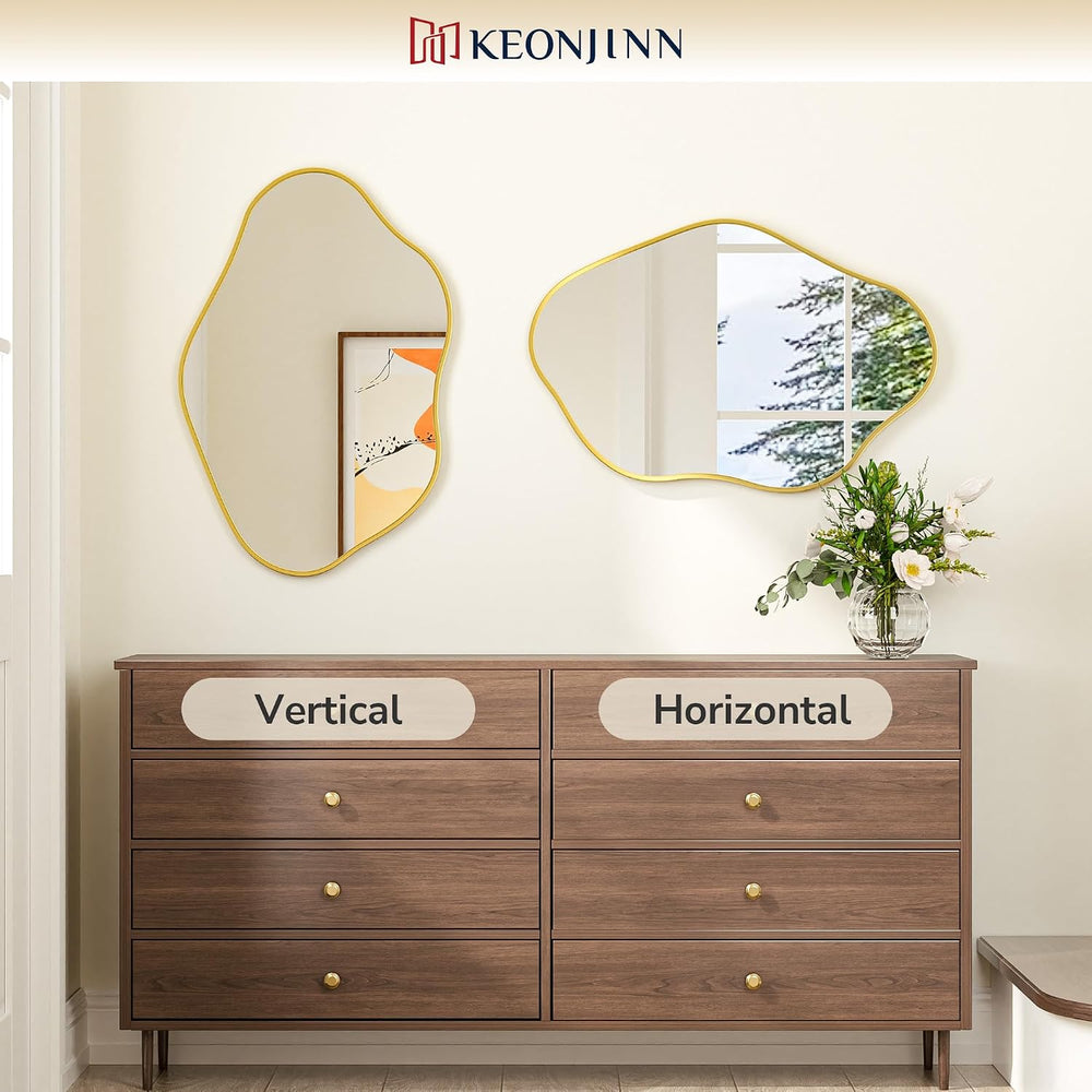 Keonjinn 24x36 Inch Gold Irregular Mirrors for Wall, Asymmetrical Mirror