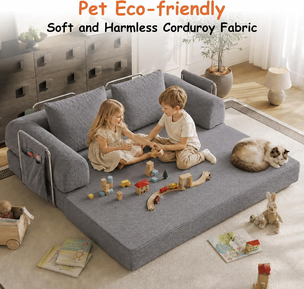 78" Convertible Sofa Bed, Corduroy Pull Out Couch with Fixed Frame &...