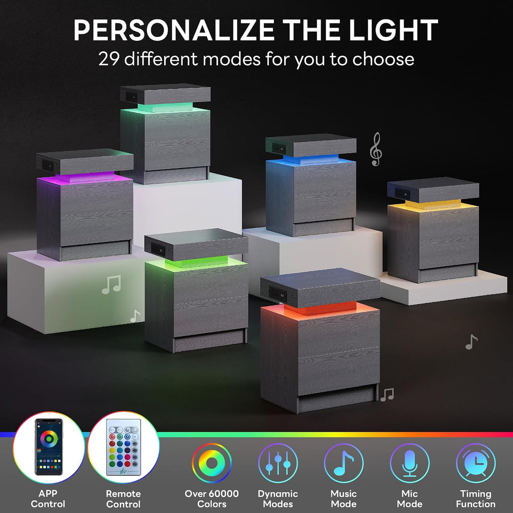 LIKIMIO Nightstand Set of 2 with Charging Station LED Light 2 Drawers Grey