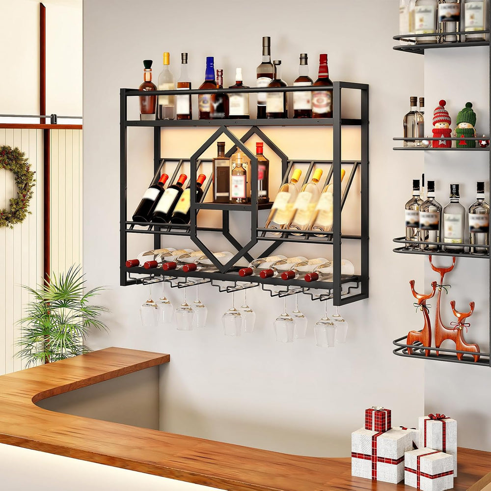 HOOBRO Wall Mounted Wine Rack with LED Light, 31.5" Wine Shelf, 3 Tier W...
