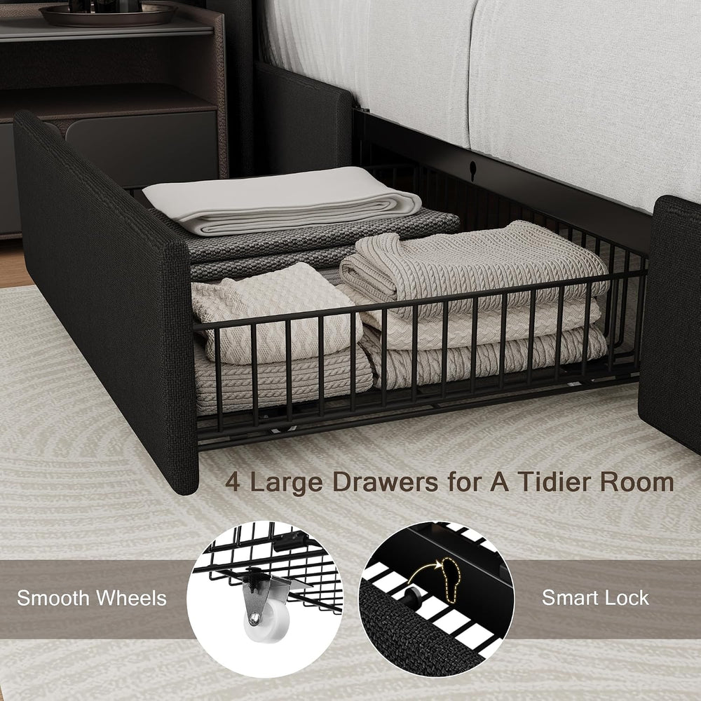 Einhomn Full Size Bed Frame with 4 Storage Drawers and Charging Station, Upho...
