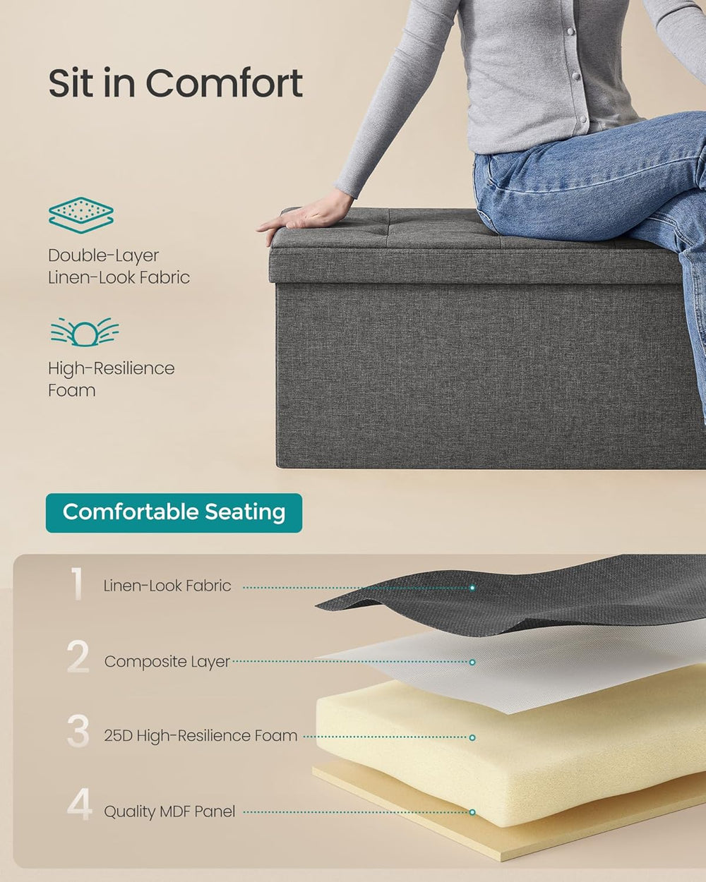 SONGMICS 30 Inches Folding Storage Ottoman Bench, Load 660 lb