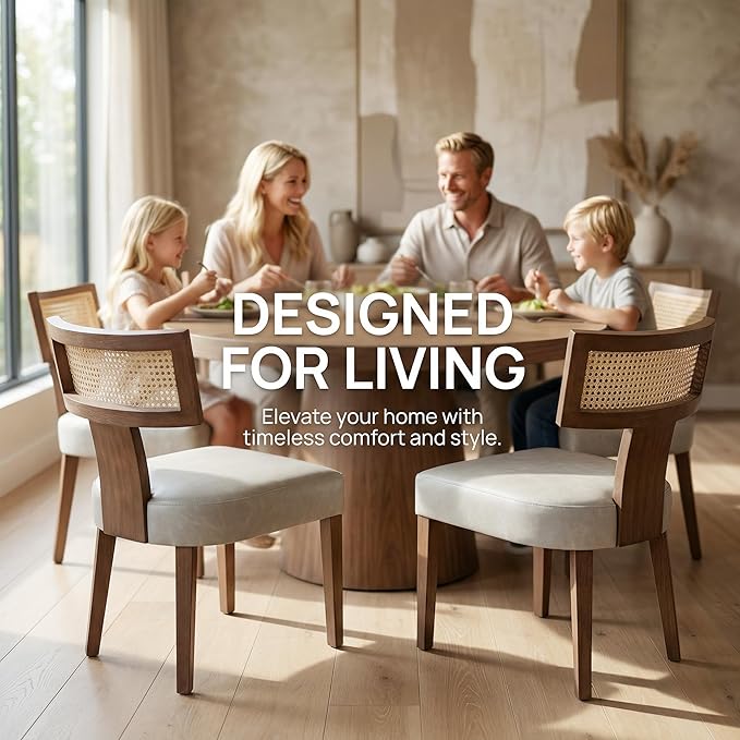 HNY Mid Century Modern Rattan Dining Chairs Set of 4, Farmhouse PU Leather Up...