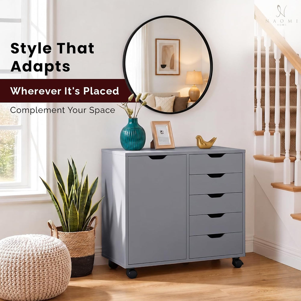 Naomi Home Amy 5-Drawer Rolling Drawer Dresser With Cabinet - Gray