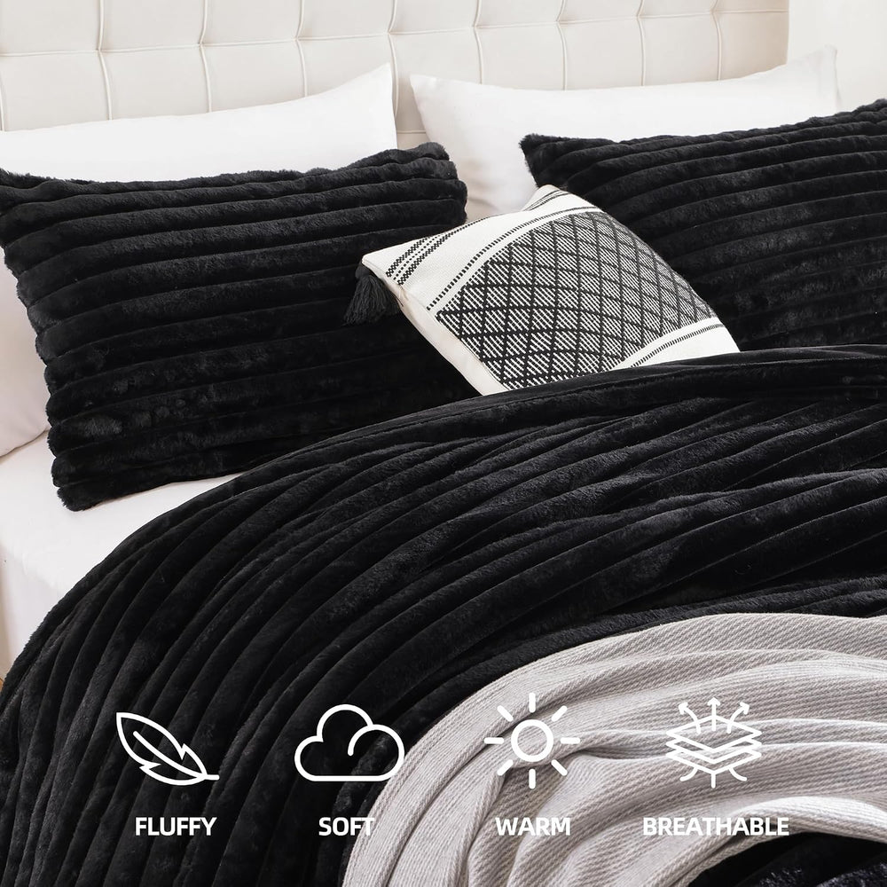 Smoofy Fluffy King Size Comforter 3 PCS - Black Fleece Bedding Set