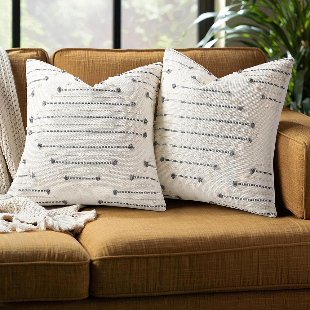 Mecatny Boho Outdoor Throw Pillow Covers 20x20 Set of 2 Beige & Grey