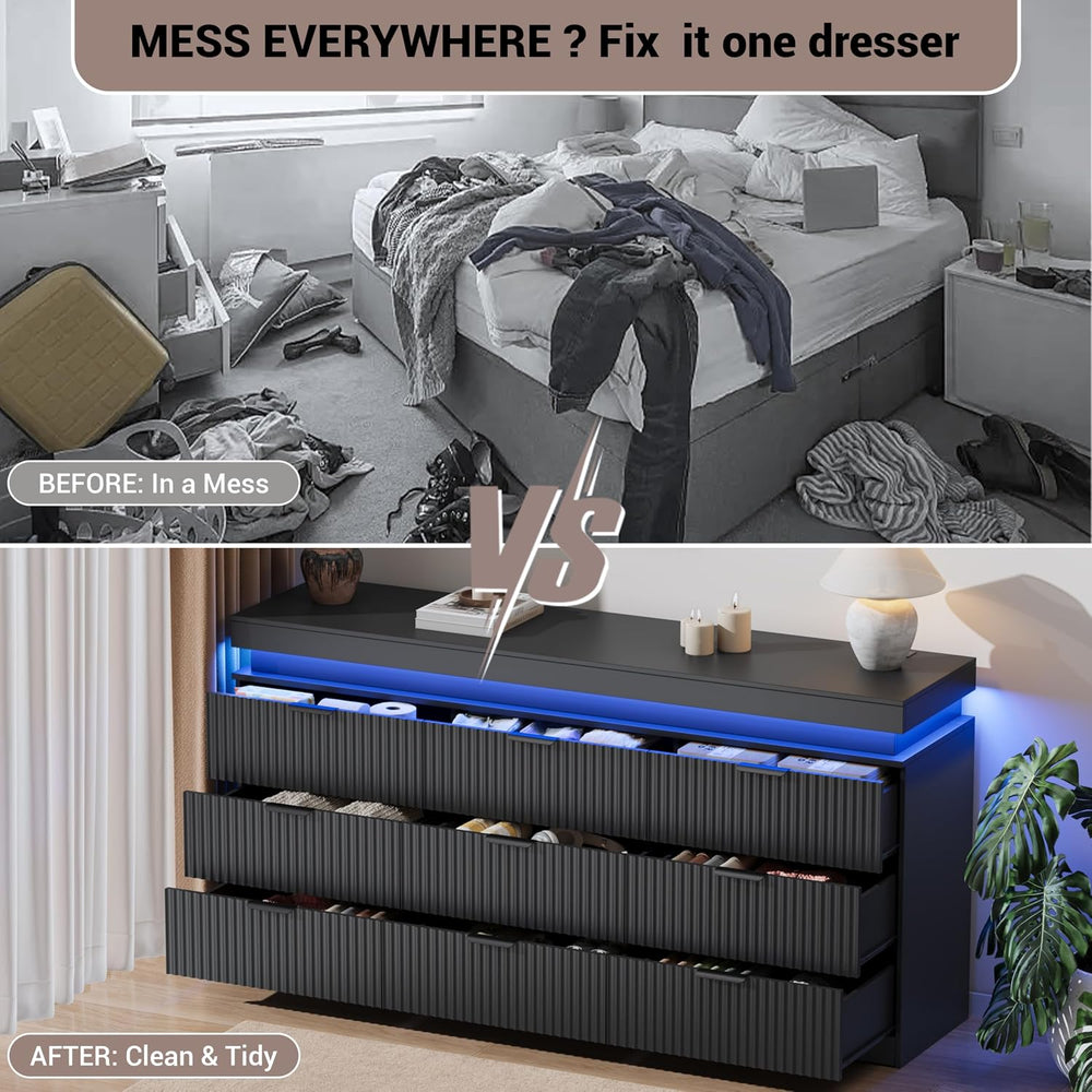 Fluted 9 Drawer Dresser for Bedroom with Charging Station, Black