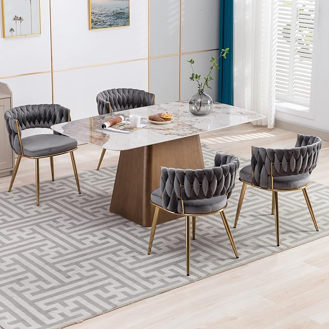 KCC Velvet Dining Chairs Set of 4, Gold Modern Dining Chair with Metal Legs, ...