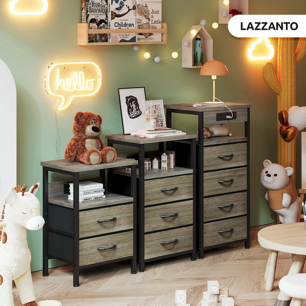 Lazzanto Night Stand with Charger Station, 2 Fabric Drawers, Grey | Nightstan...