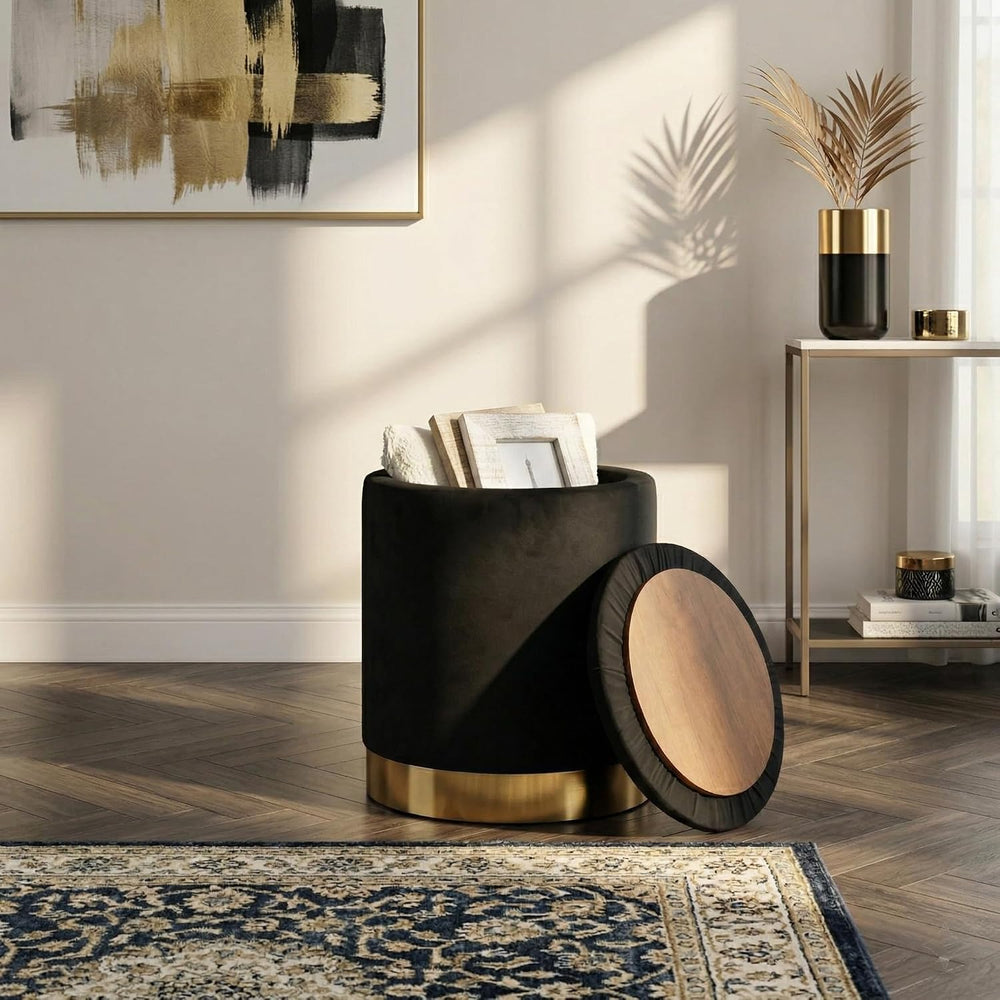 Joveco Round Velvet Storage Ottoman with Reversible Lid Tray & Gold Metal...