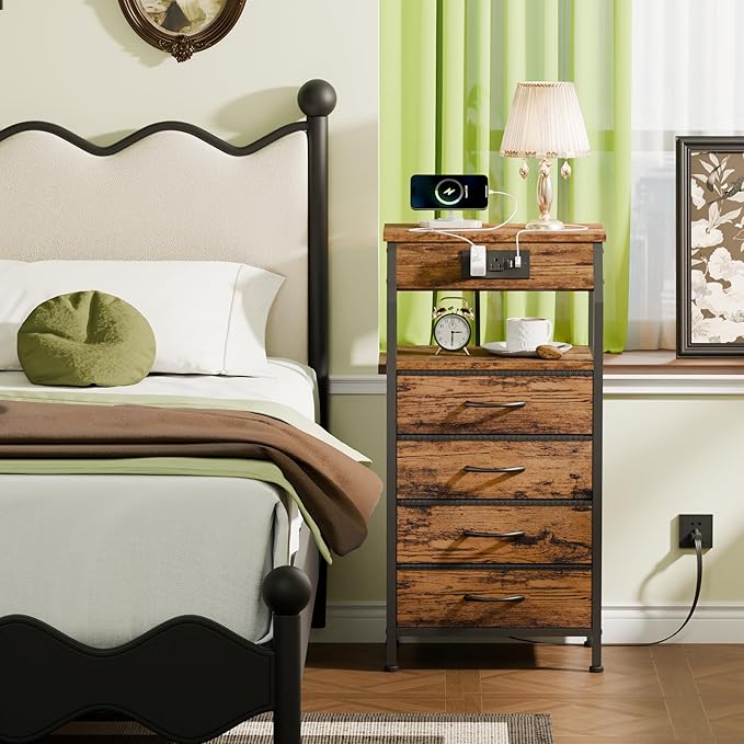 Furnulem Night Stand with Charging Station, Small Dresser with 4 Fabric Drawe...